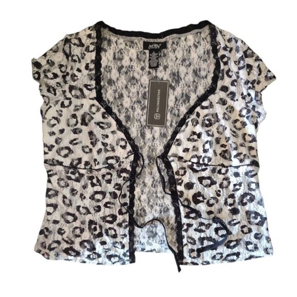 Just Polly White Black Animal Print Short Sleeve Tie Front Lace Top Large NWT - Picture 5 of 10